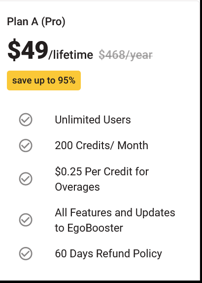 EgoBooster lifetime pricing plans
