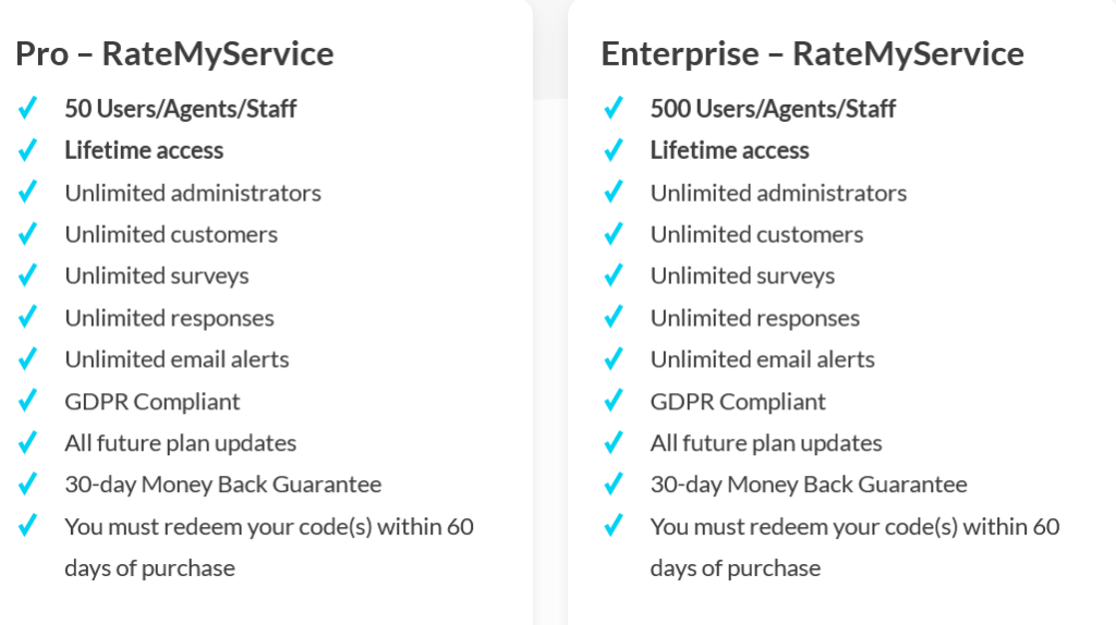 RateMyService Lifetime deal pricing plans