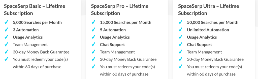 SpaceSerp lifetime pricing plans